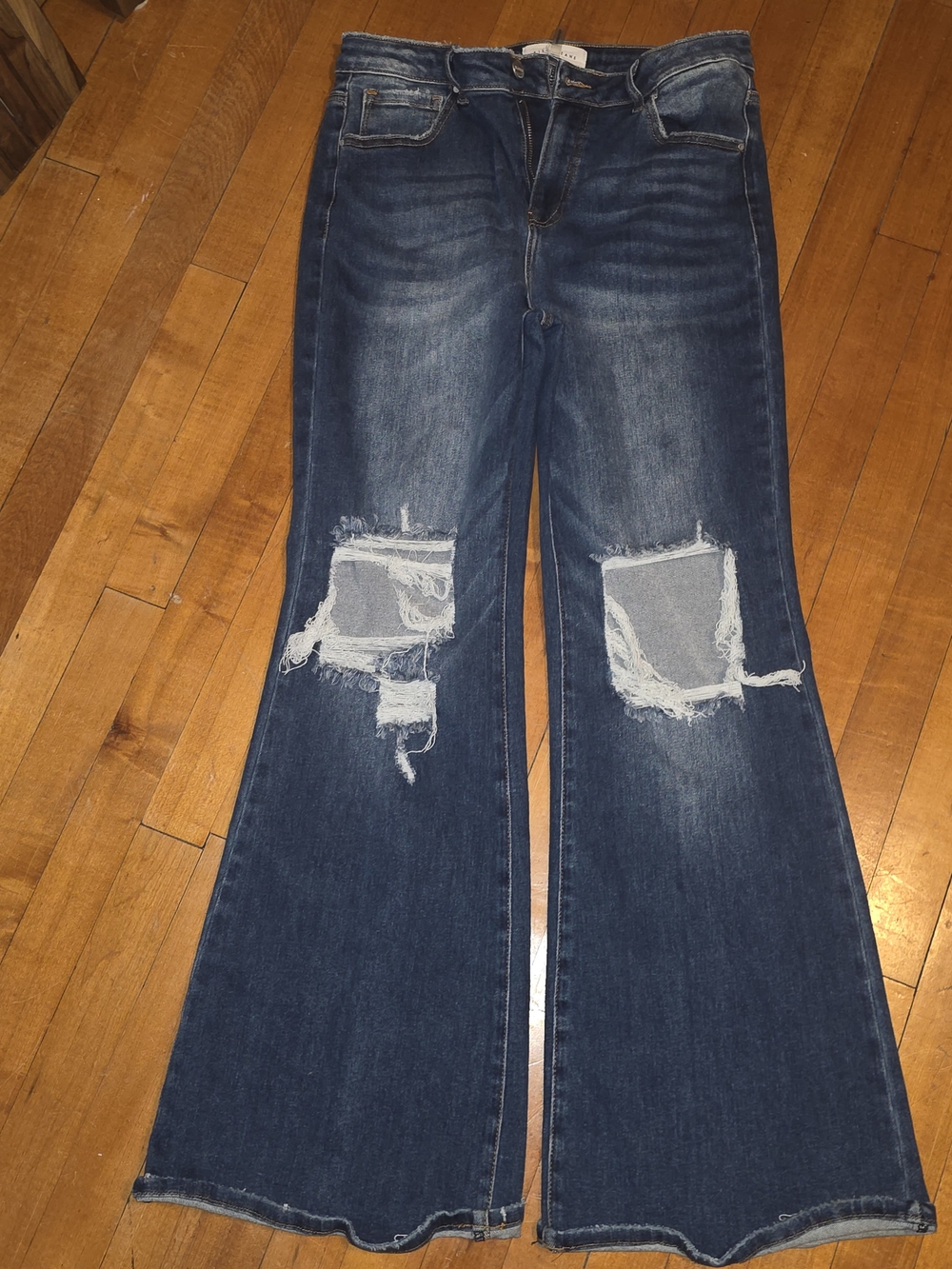 Wide Leg Distressed Dark Blue Flare Jeans